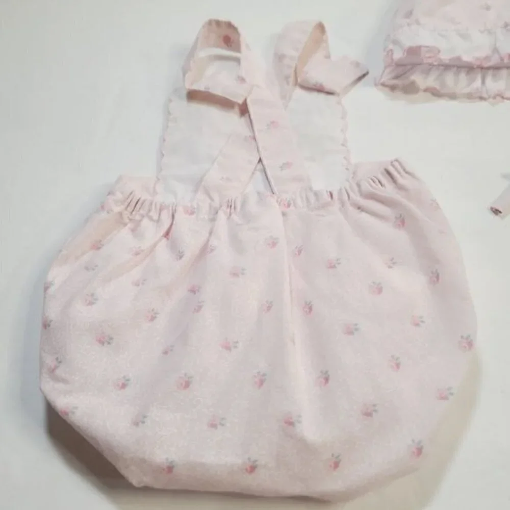 Vintage 90s Mayfair Pastel Pink Tulip Embroidery Baby Romper and Bonnet